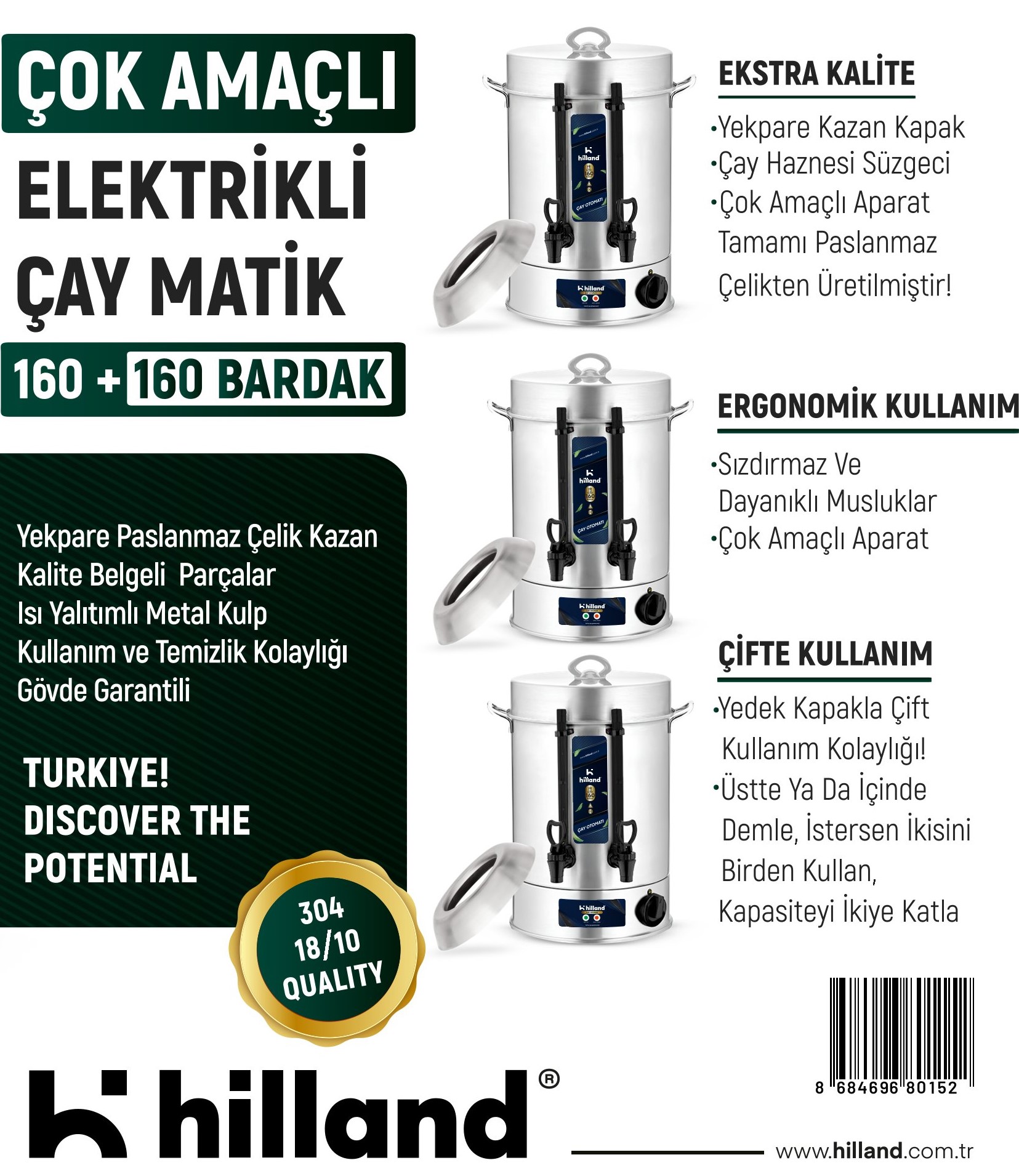 HİLLAND ÇAY MAKİNESİ 160+160  BARDAK 304 KALİTE