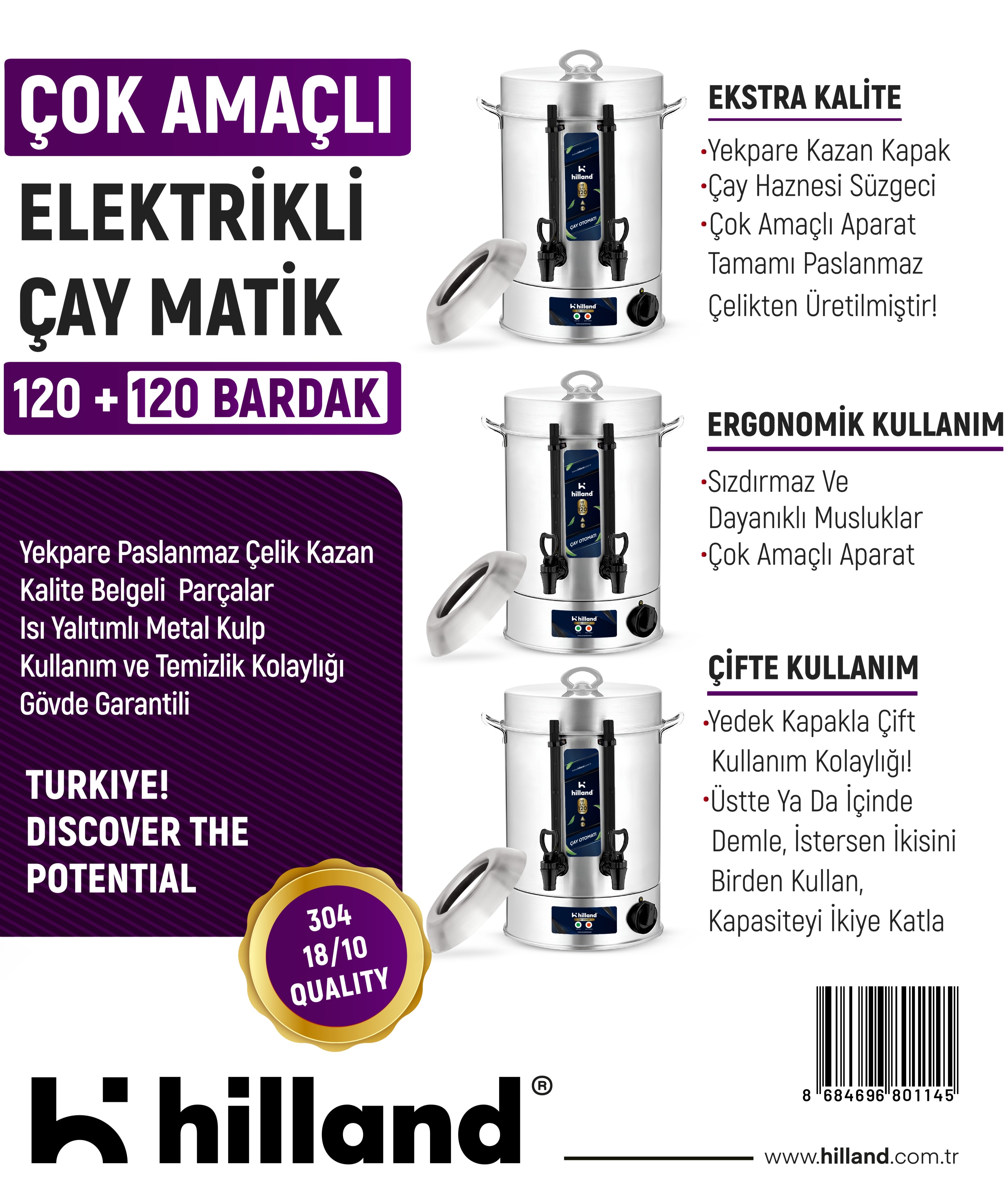 HİLLAND ÇAY MAKİNESİ 120+120  BARDAK 304 KALİTE