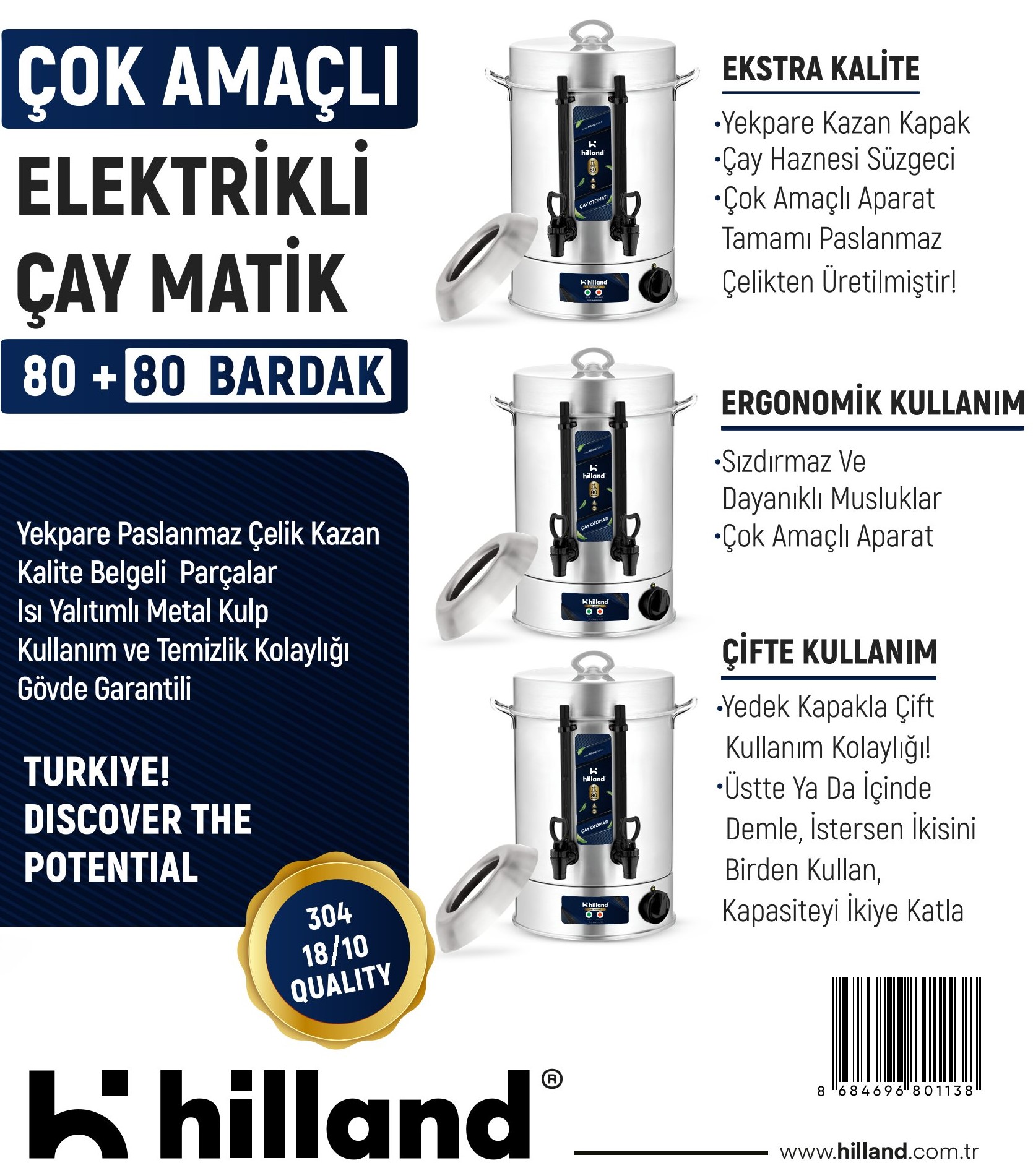HİLLAND ÇAY MAKİNESİ 80+80  BARDAK 304 KALİTE