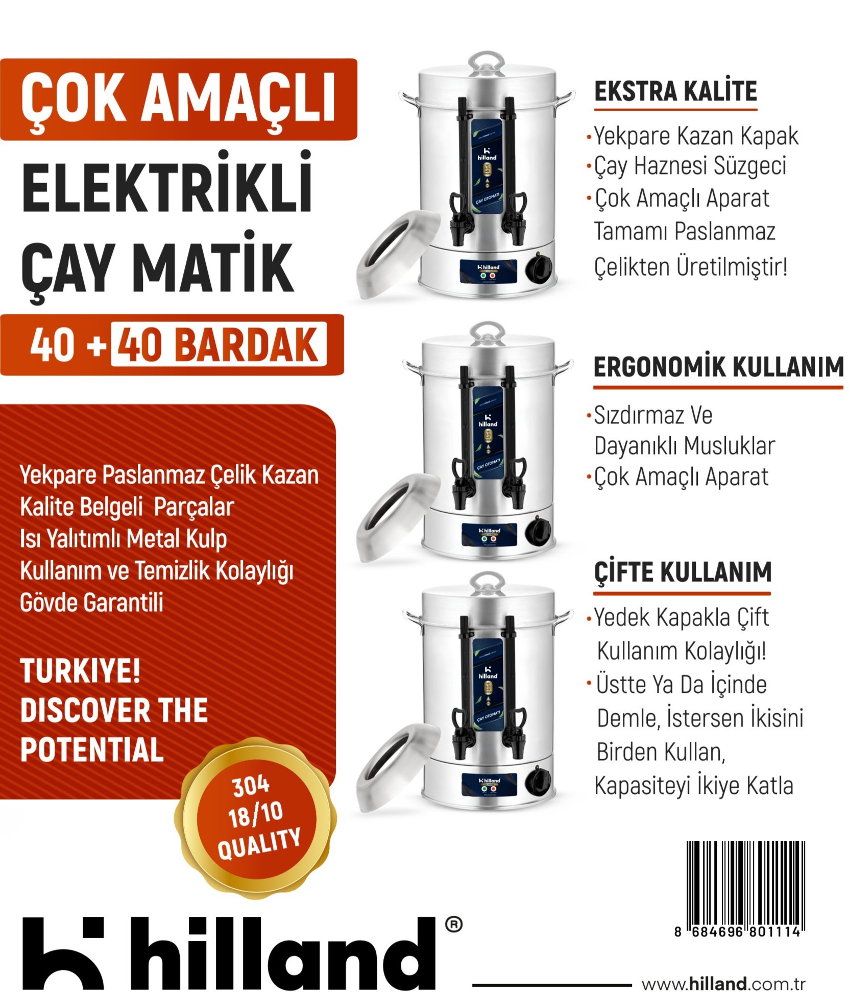 HİLLAND ÇAY MAKİNESİ 40+40 BARDAK 304 KALİTE