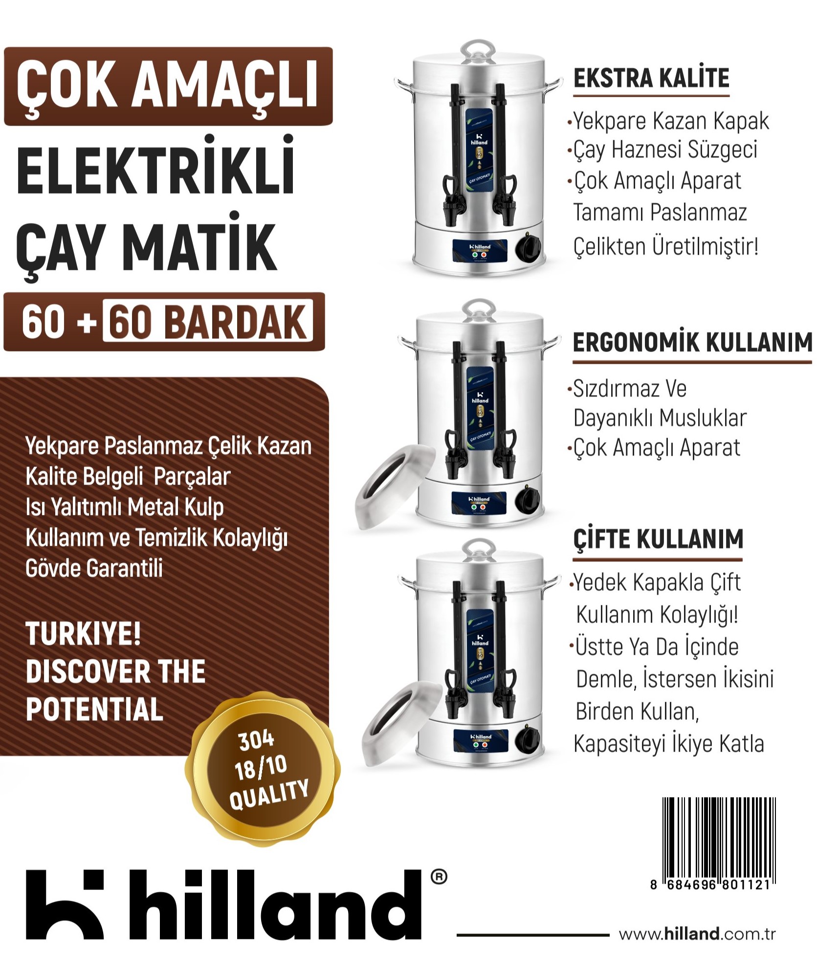 HİLLAND ÇAY MAKİNESİ 60+60  BARDAK 304 KALİTE