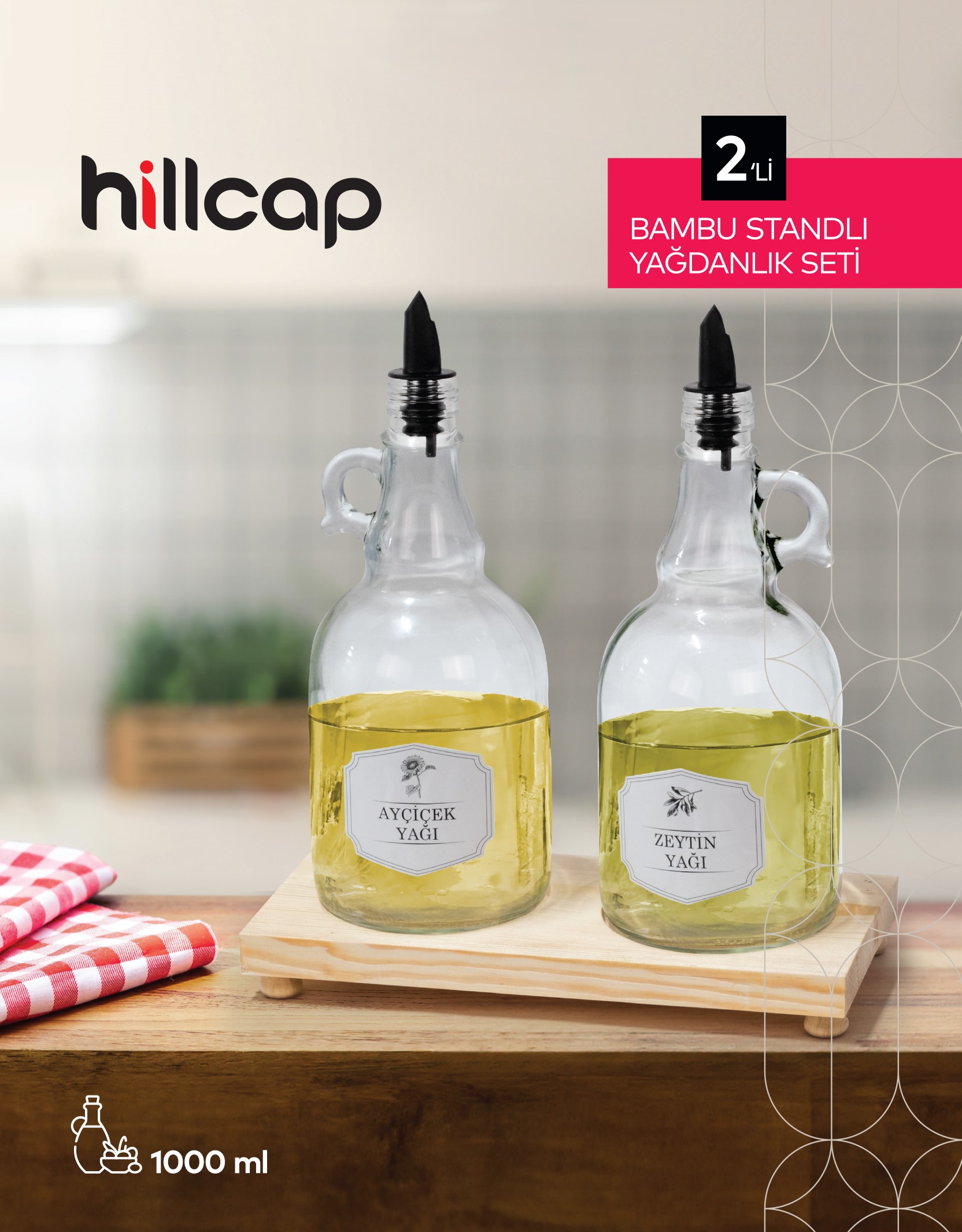 HİLLCAP 2 Lİ YAĞLIK SETİ 1000 CC. AHŞAP STANDLI
